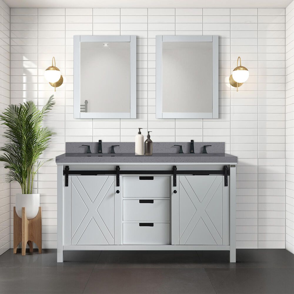 Lexora Home Marsyas 60&quot; Double Bathroom Vanity in White with Grey Quartz Top and Rectangular Sinks, , large