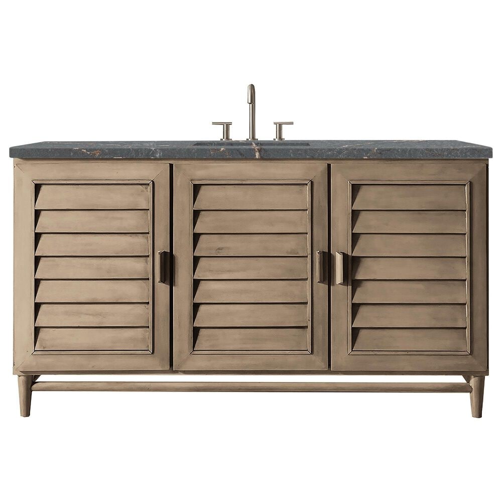 James Martin Vanities Portland 60" Single Bathroom Vanity in Whitewashed Walnut with 3 cm Parisien Bleu Quartz Top and Rectangular Sink, , large