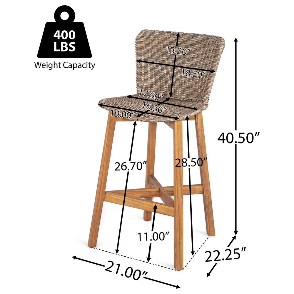 Hearth and Haven Lymington Outdoor Wicker Barstool with Teak Frame in Light Brown (Set of 2), , large