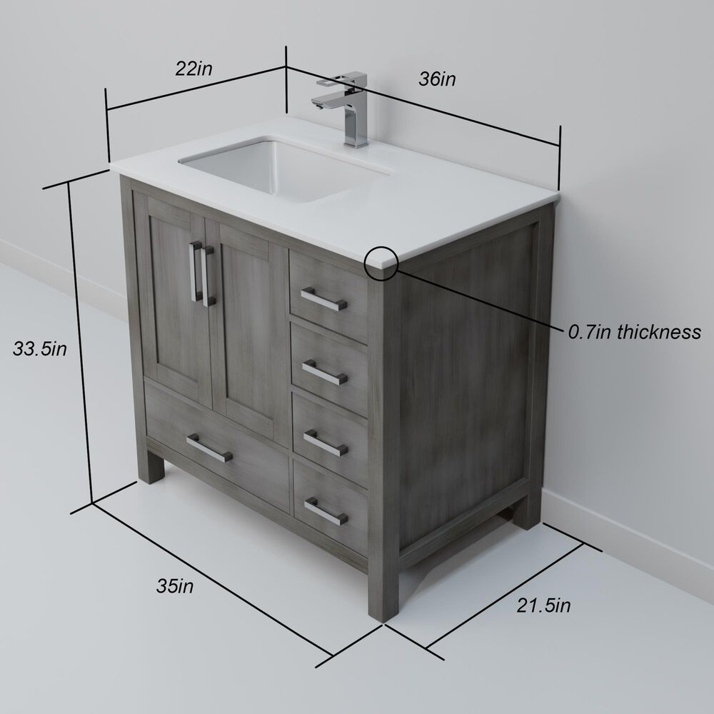 Lexora Home Jacques 36" Left Offset Single Bathroom Vanity in Distressed Grey with 2 cm White Cultured Marble Top and Rectangular Sink, , large