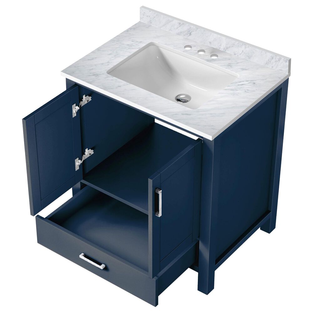 Lexora Home Jacques 30&quot; Single Bathroom Vanity in Navy Blue with 2 cm White Carrara Marble Top and Rectangular Sink, , large