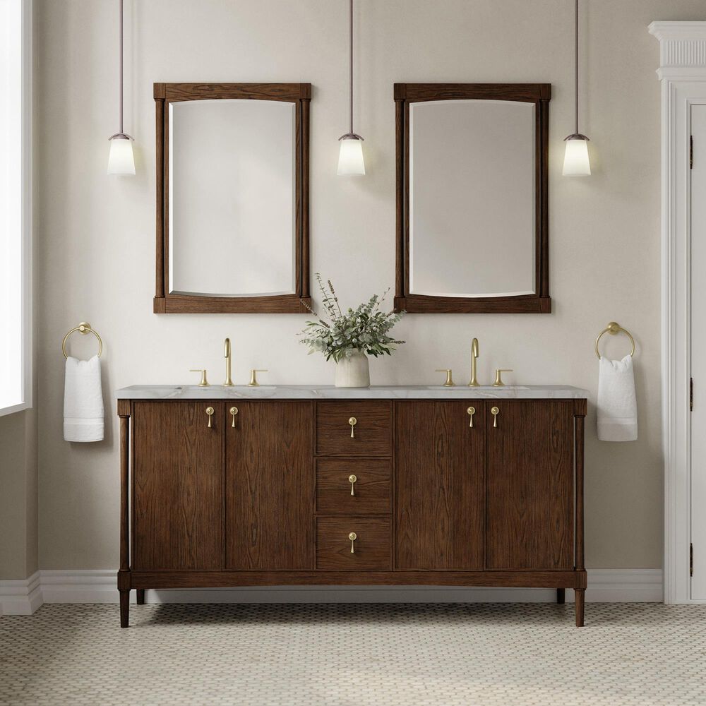 James Martin Kinnsden 72" Double Bathroom Vanity in Sable Oak with 3 cm Victorian Silver Silestone Top and Rectangular Sinks, , large