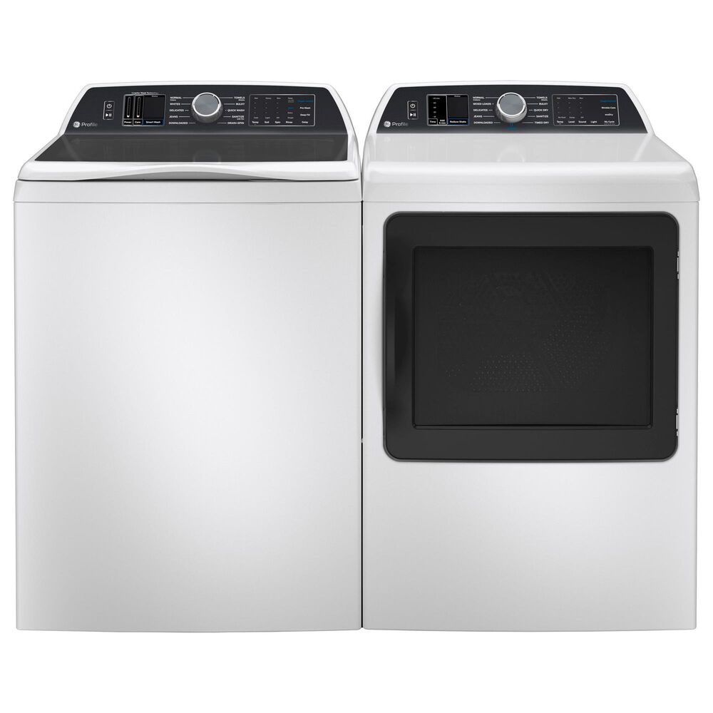 GE Profile 5.3 Cu. Ft. Top Load Washer with Agitator and 7.4 Cu. Ft. Smart Gas Dryer with Sanitize Cycle and Sensor Dry in White, , large