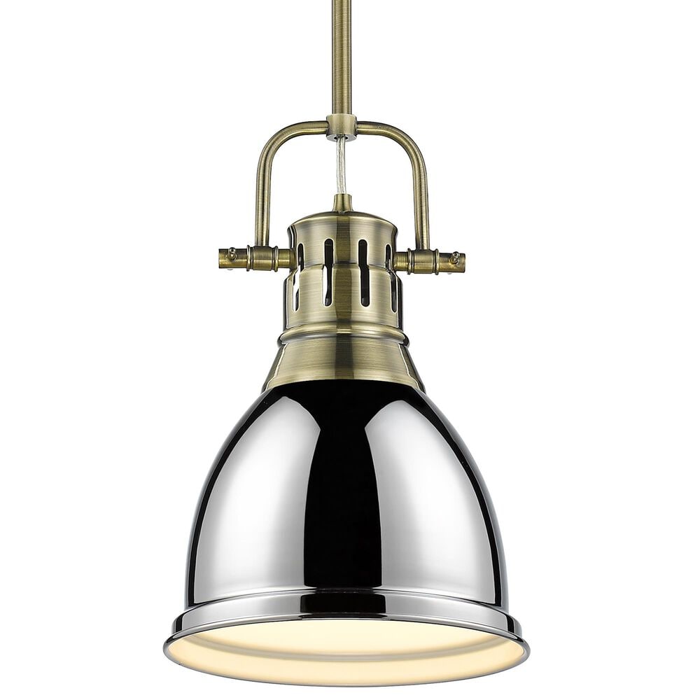 Golden Lighting Duncan 1-Light Small Pendant with Rod and Chrome Shade in Aged Brass, , large