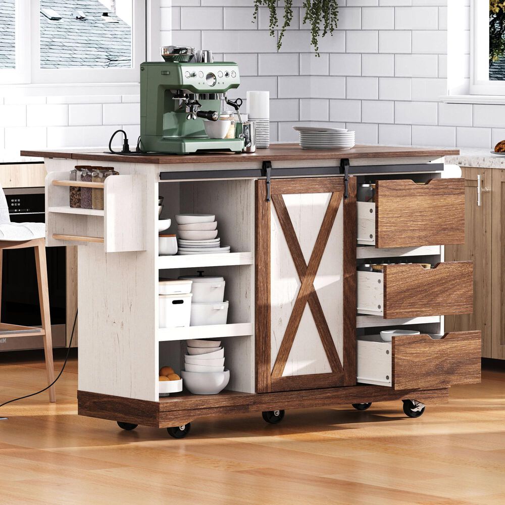 HOMLUX 56" Kitchen Island with Drop Leaf in White, , large