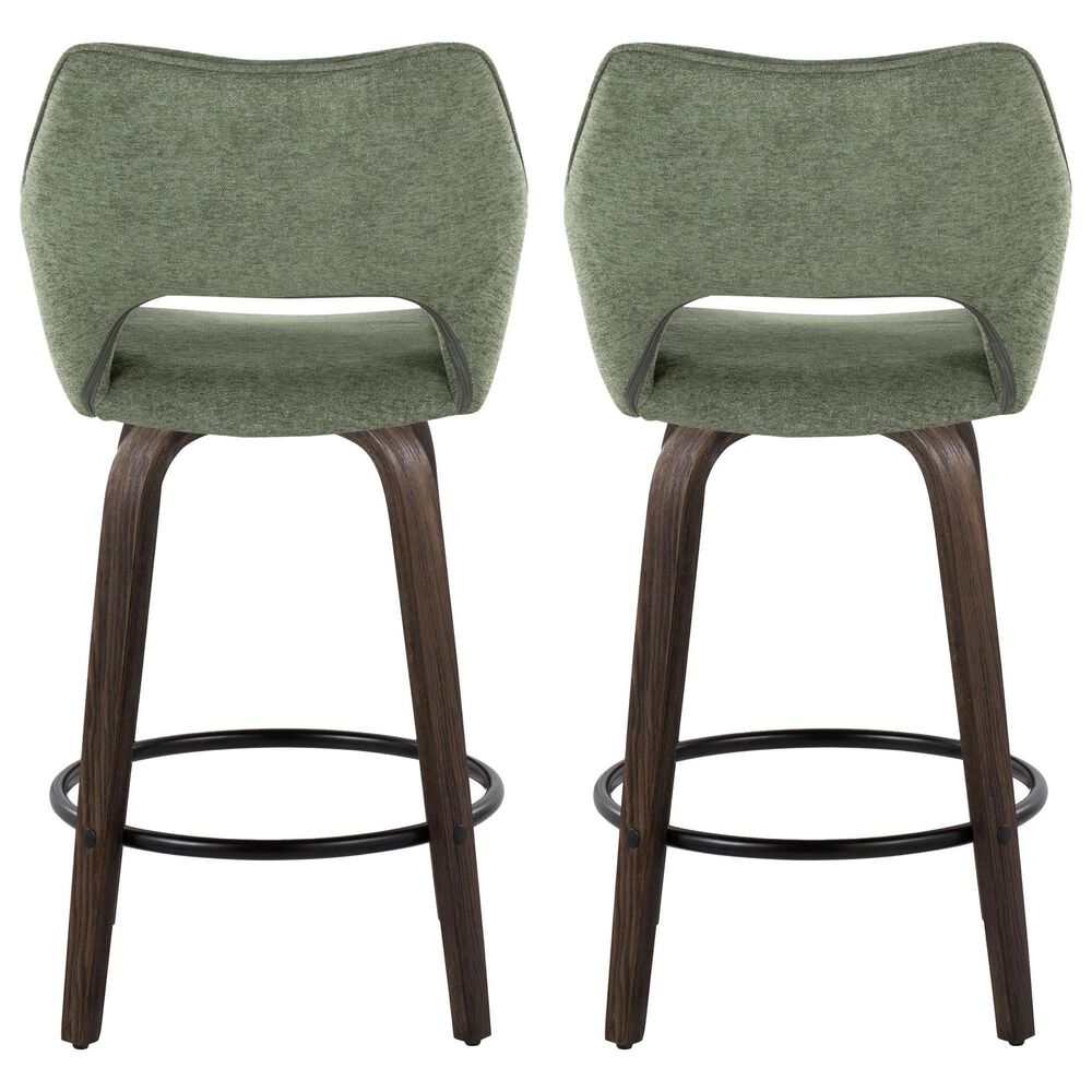 LumiSource Mustang 26" Swivel Counter Stool with Green Fabric Upholstery in Glazed Walnut and Black (Set of 2), , large
