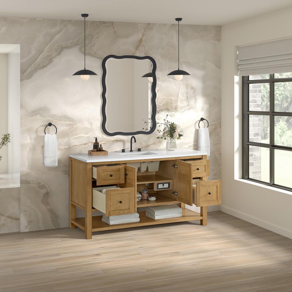 James Martin Vanities Breckenridge 60" Single Bathroom Vanity in Light Natural Oak with 3 cm White Zeus Quartz Top and Rectangular Sink, , large