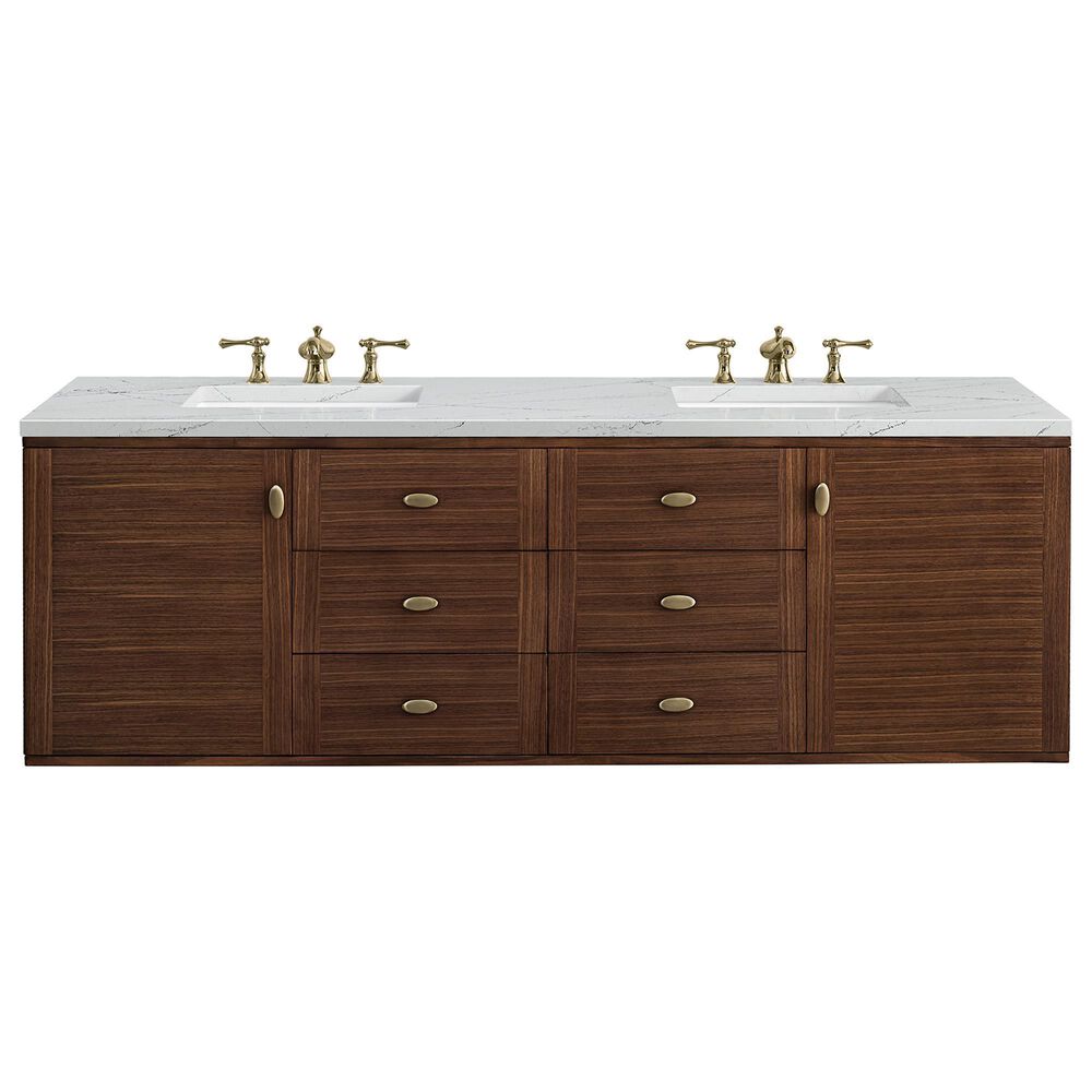 James Martin Vanities Amberly 72&quot; Double Bathroom Vanity in Walnut with 3 cm Arctic Fall Solid Surface Top and Rectangular Sinks, , large