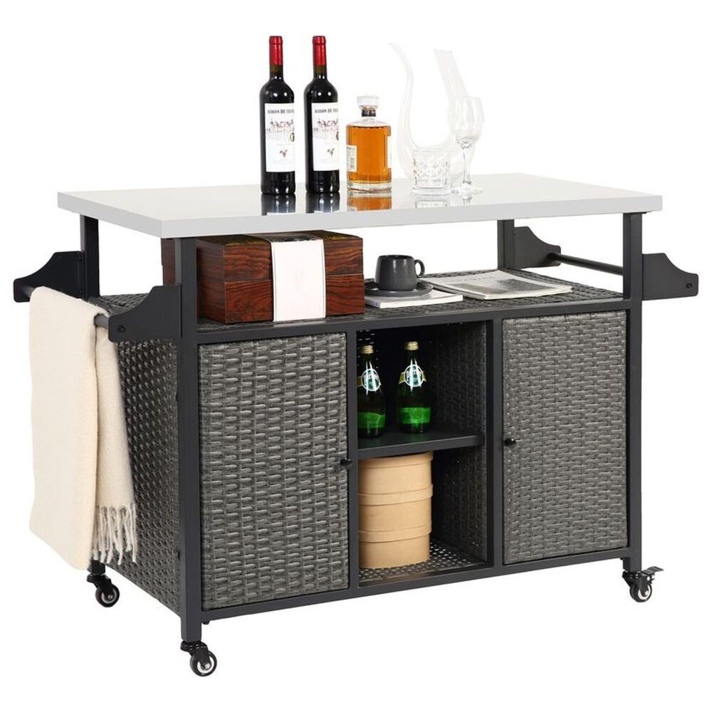 Hearth and Haven 2-Door Outdoor Bar Cart with Stainless Steel Top in Grey, , large