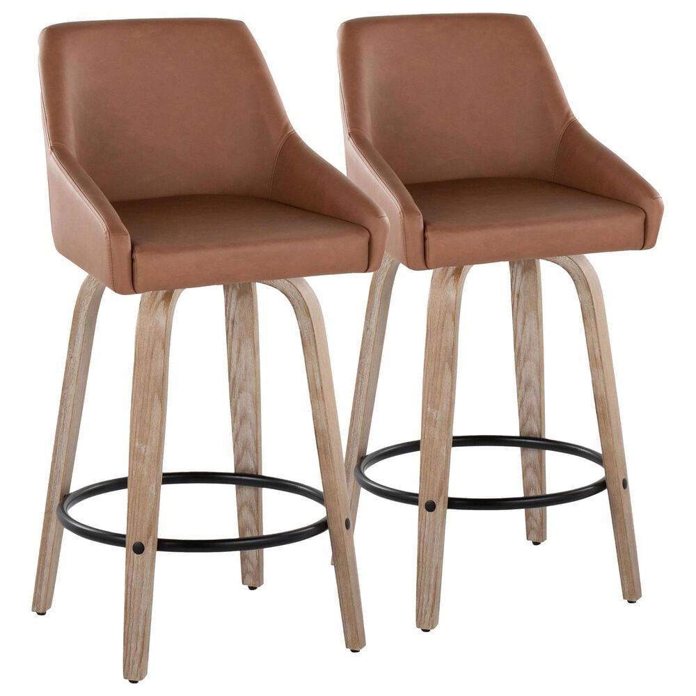 LumiSource Hannah Swivel Counter Stool with Camel Faux Leather Upholstery in Whitewashed and Black (Set of 2), , large