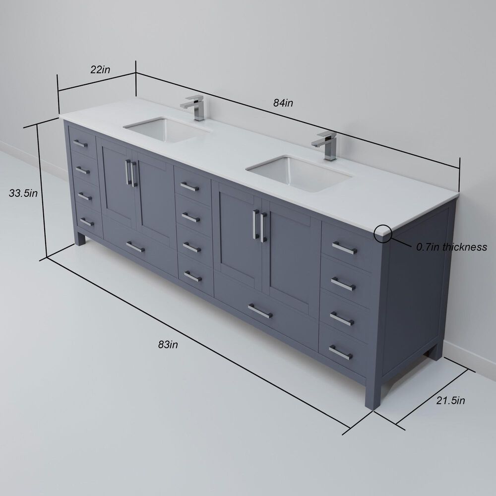Lexora Home Jacques 84" Double Bathroom Vanity in Dark Grey with 2 cm White Quartz Top and Rectangular Sinks, , large