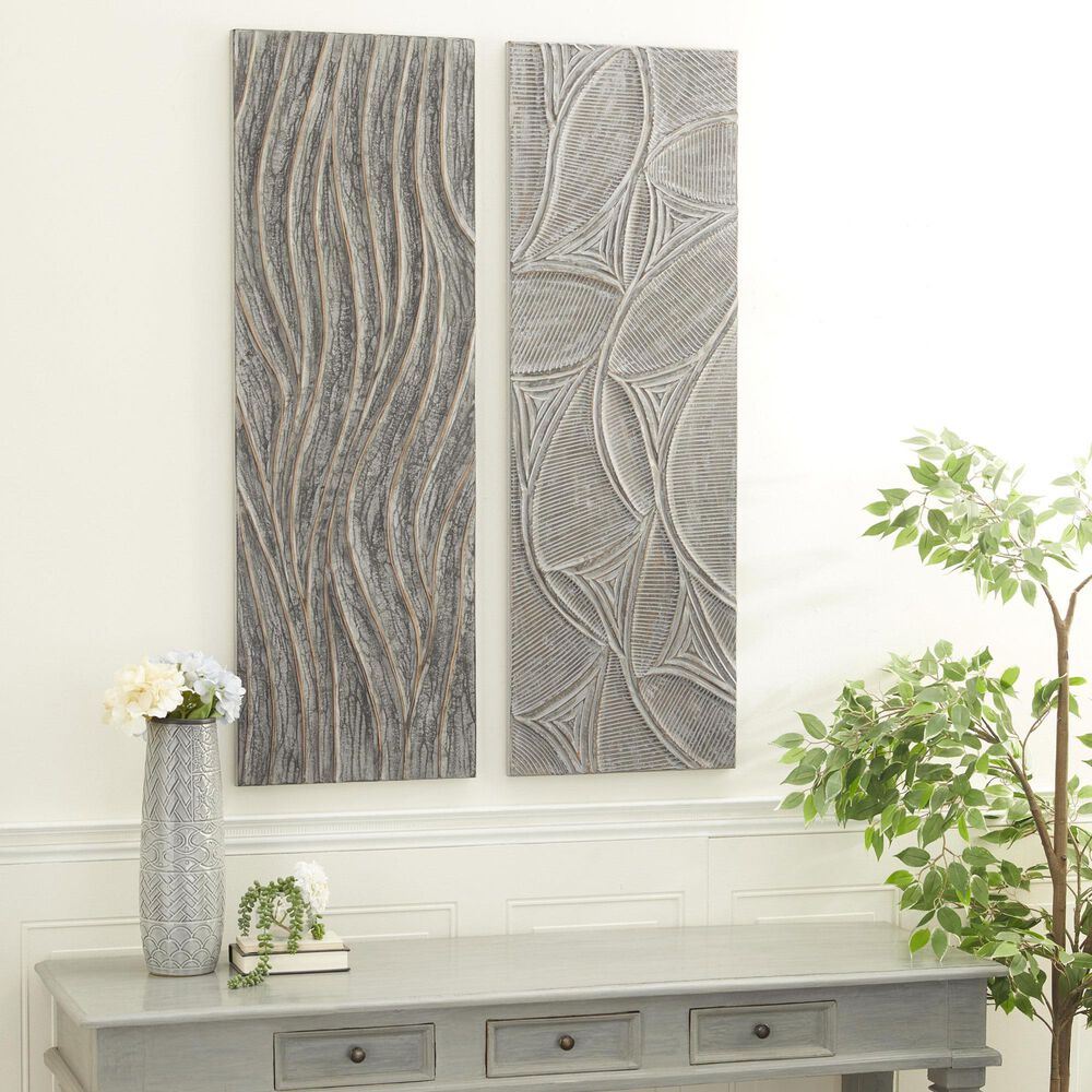 Maple and Jade 48&quot; x 16&quot; Wooden Leaf Intricately Carved Wall Decor in Distressed Gray &#40;Set of 2&#41;, , large
