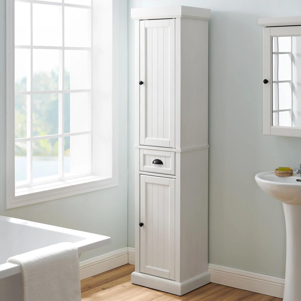 Crosley Furniture Seaside Tall Linen Cabinet In Distressed White Nebraska Furniture Mart