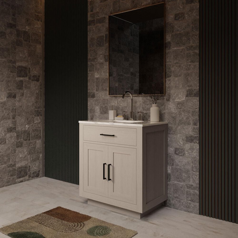 Lexora Home Abbey 30" Single Bathroom Vanity in White Oak with 2 cm White Carrara Marble Top and Rectangular Sink, , large