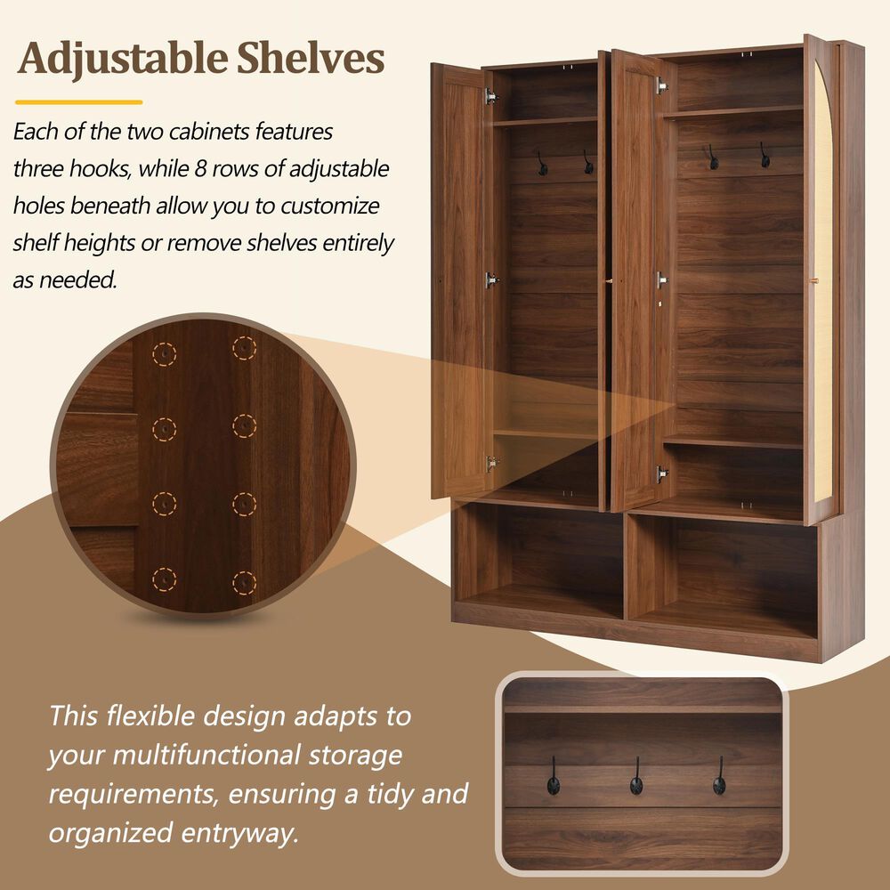 HOMLUX 6-Hook Hall Tree with 2-Rattan Doors in Walnut, , large
