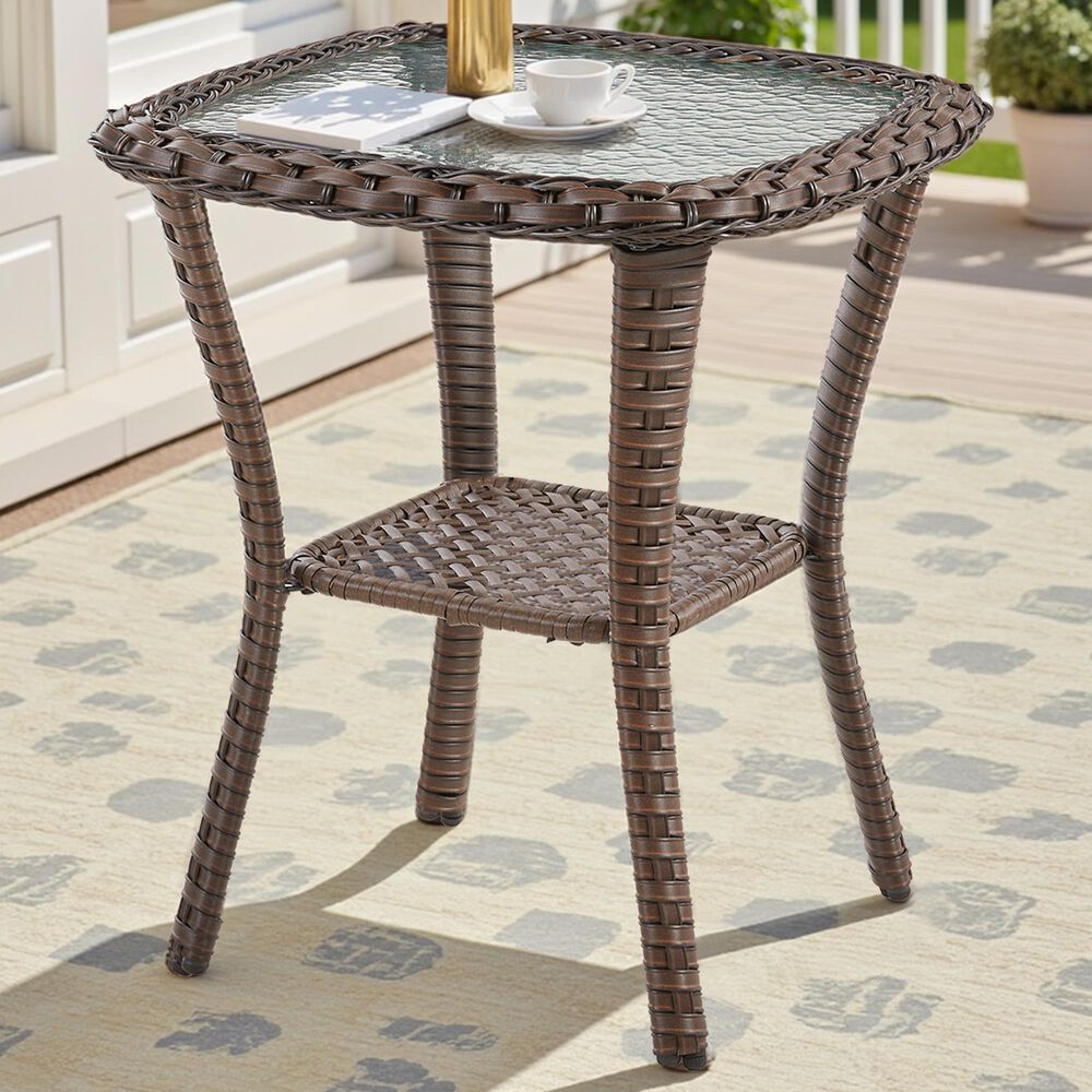 Hearth and Haven 23" Outdoor Wicker Side Table with Glass Top in Brown, , large