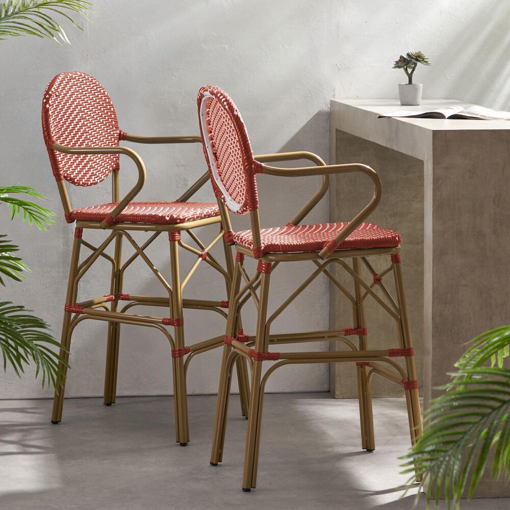 Hearth and Haven Outdoor Wicker French Barstool with Curved Design in Red (Set of 2), , large