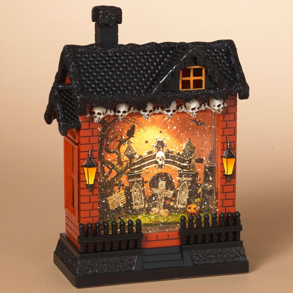 The Gerson Company 10&quot; Lighted Spinning Water Globe Haunted House in Black and Orange, , large