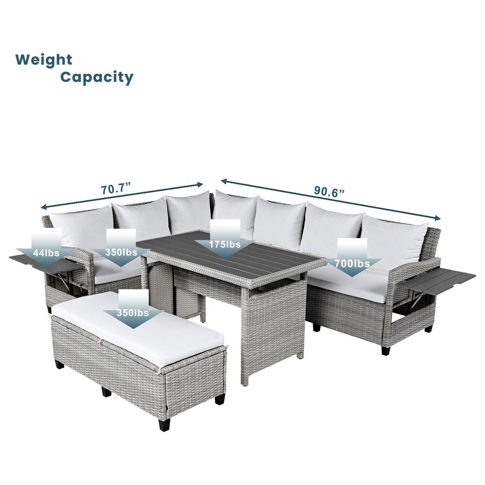 HOMLUX 5-Piece Outdoor Conversation Set with 2 Extendable Side Tables and Gray Rattan in White, , large