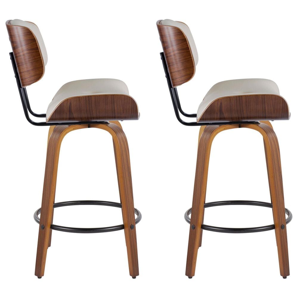 LumiSource Lombardi 26" Swivel Counter Stool with Cream Faux Leather Upholstery in Walnut and Black (Set of 2), , large