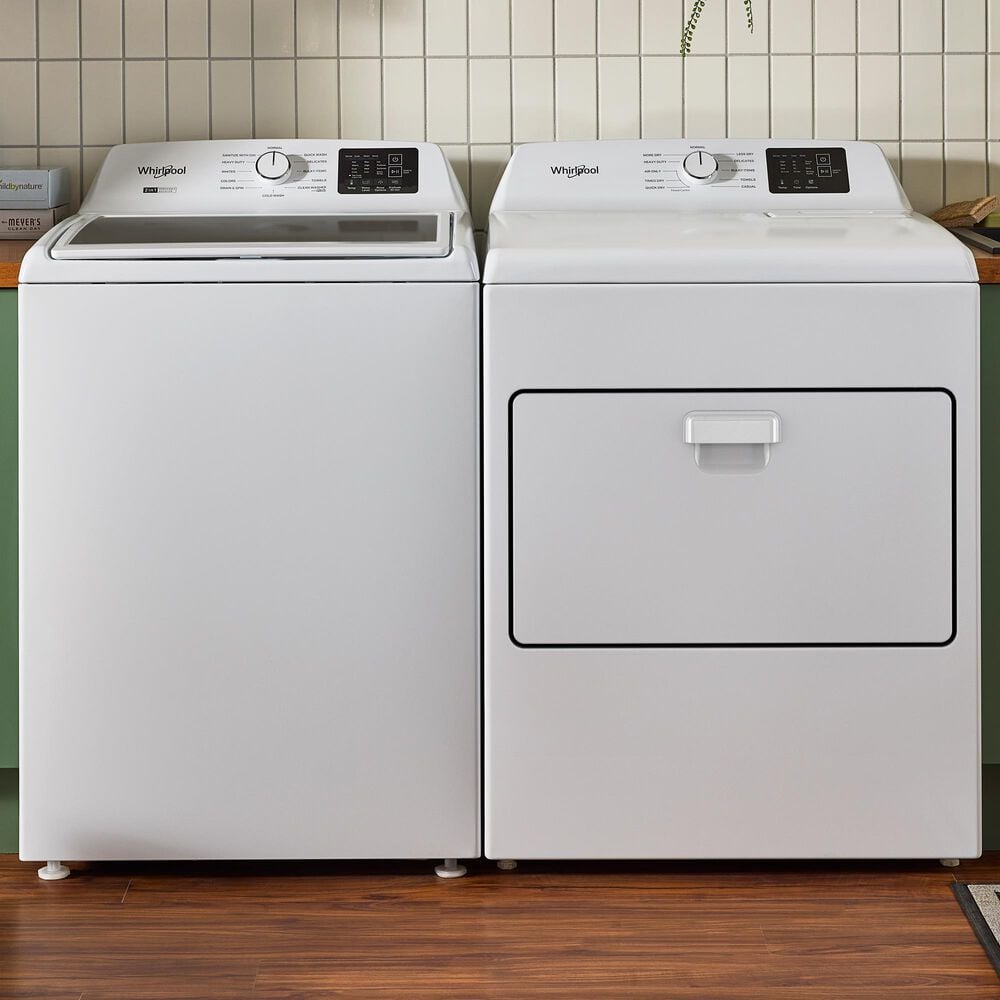 WHIRLPOOL 4.3 Cu. Ft. Top Load Agitator Washer and 7.0 Cu. Ft. Electric Front Load Dryer with Glass Lid Laundry Pair in White, , large