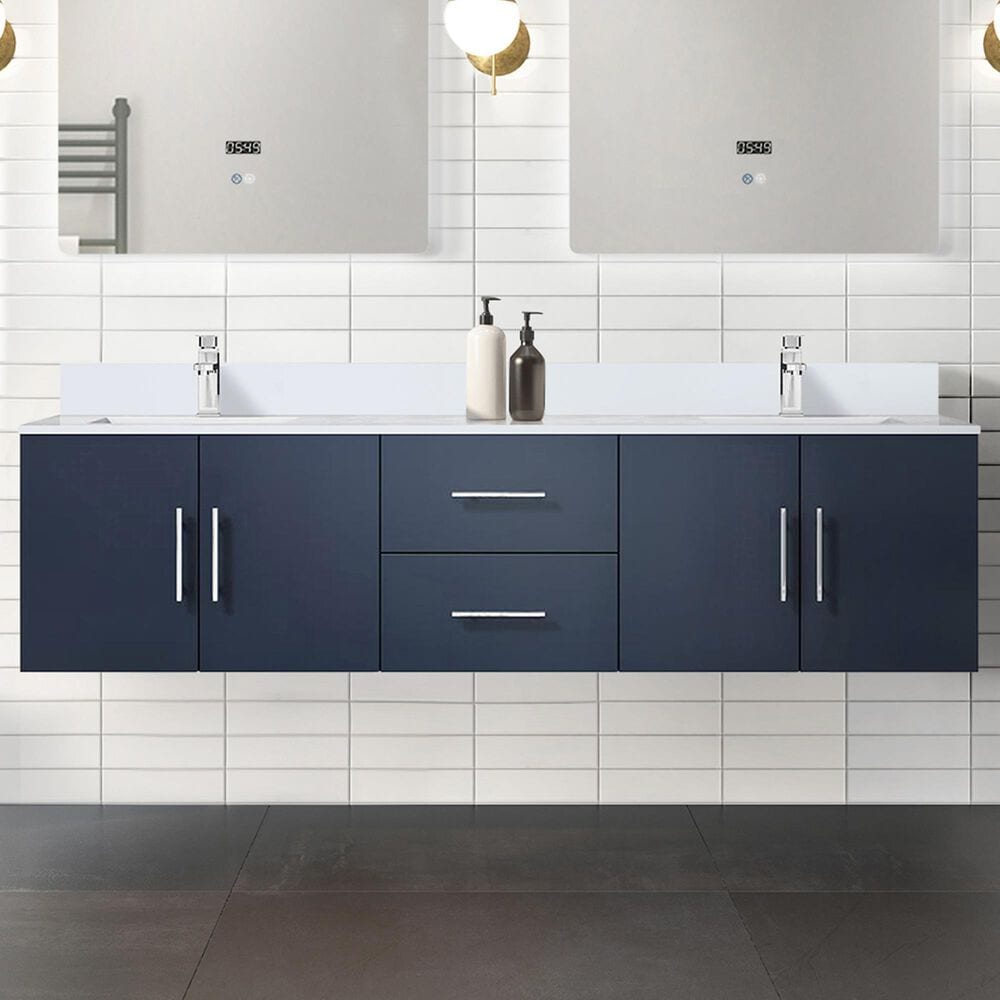 Lexora Home Geneva 72&quot; Double Bathroom Vanity in Navy Blue with 2 cm White Cultured Marble Top and Rectangular Sinks, , large