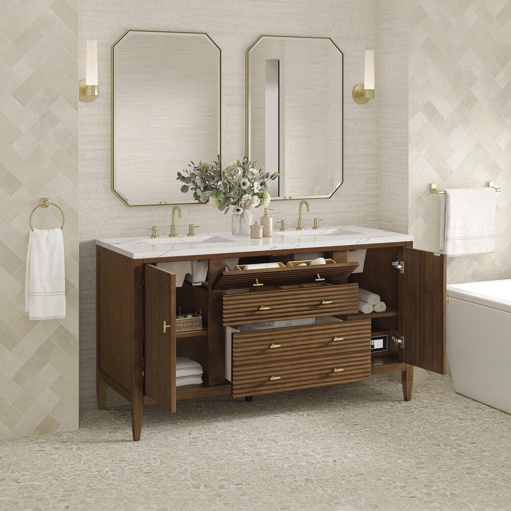James Martin Vanities Myrrin 60&quot; Double Vanity in Mid Century Walnut with 3 cm Ethereal Noctis Quartz Top, , large