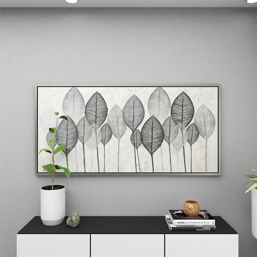 Maple and Jade 27" x 55" Leaf Canvas Wall Art with Frame in Black, Gray, Silver, Brown and Green, , large