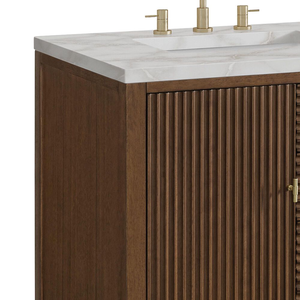 James Martin Vanities Myrrin 60" Double Bathroom Vanity in Mid-Century Walnut with 3 cm Eternal Jasmine Pearl Silestone Top, Rectangular Sinks and FreePower Wireless Charger, , large