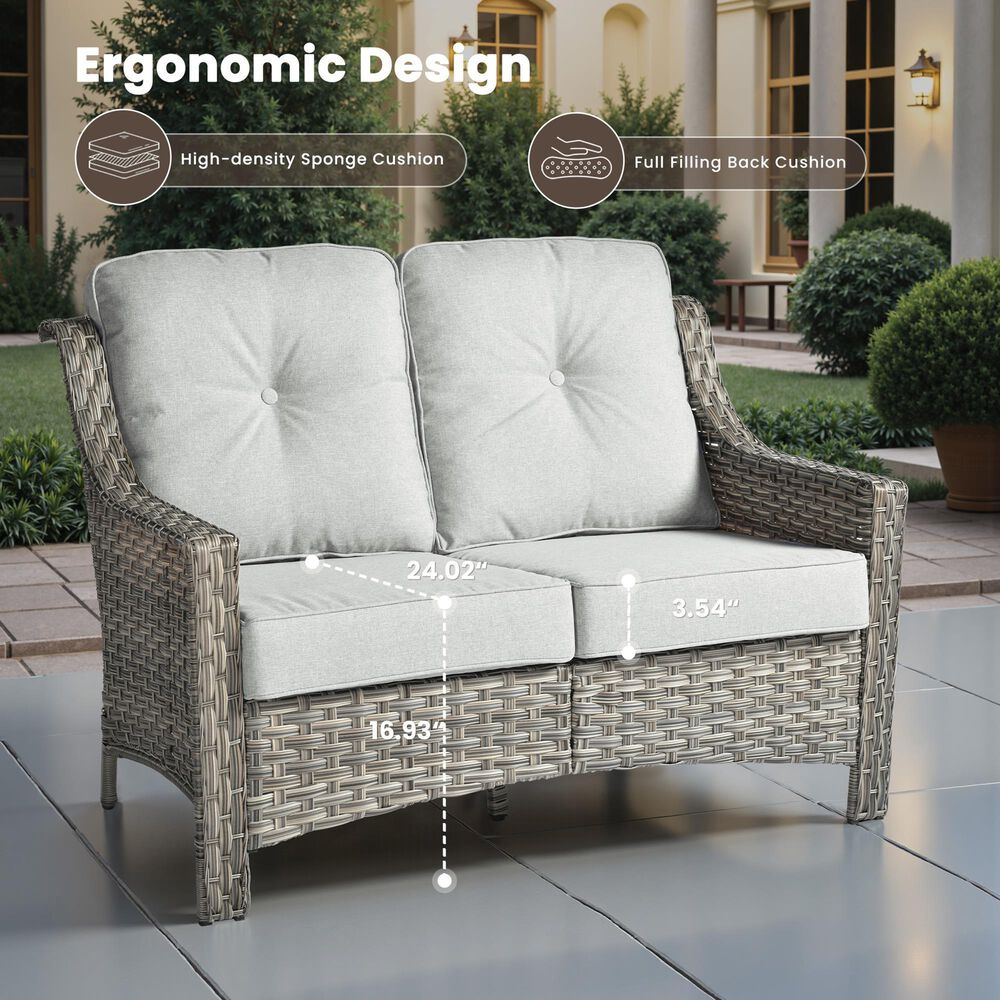 HOMLUX Outdoor Rattan Loveseat with Ergonomic in Gray, , large