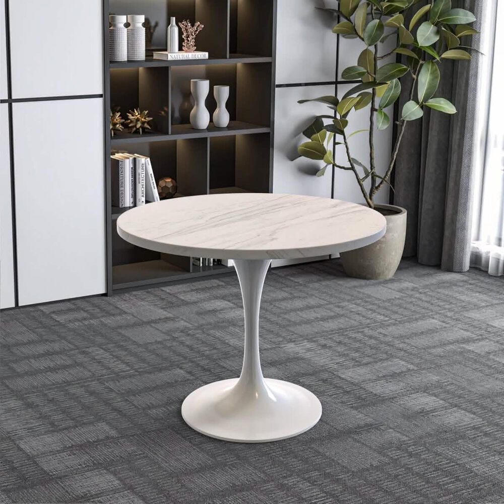 Leisuremod LeisureMod Verve Collection 36 Round Dining Table, White Base with Laminated White Marbleized Top, , large