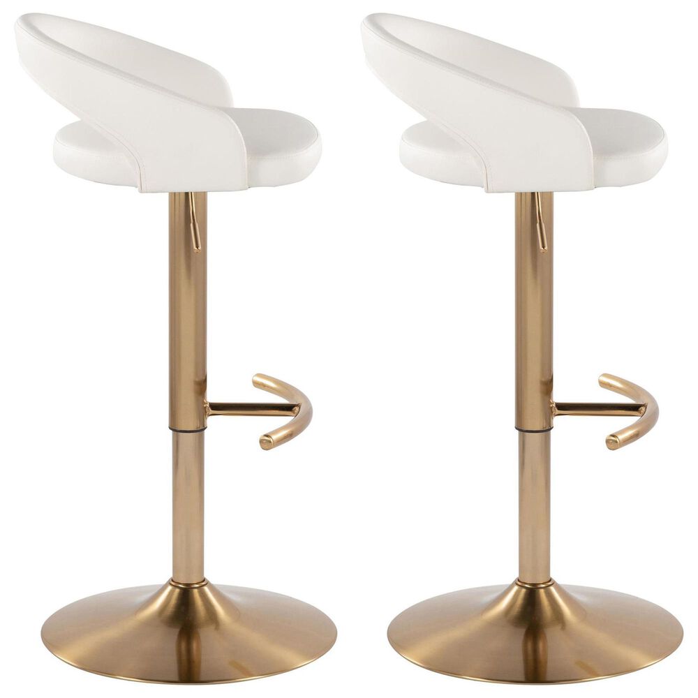 LumiSource Grotto Adjustable Bar Stool with White Faux Leather Upholstery in Gold (Set of 2), , large