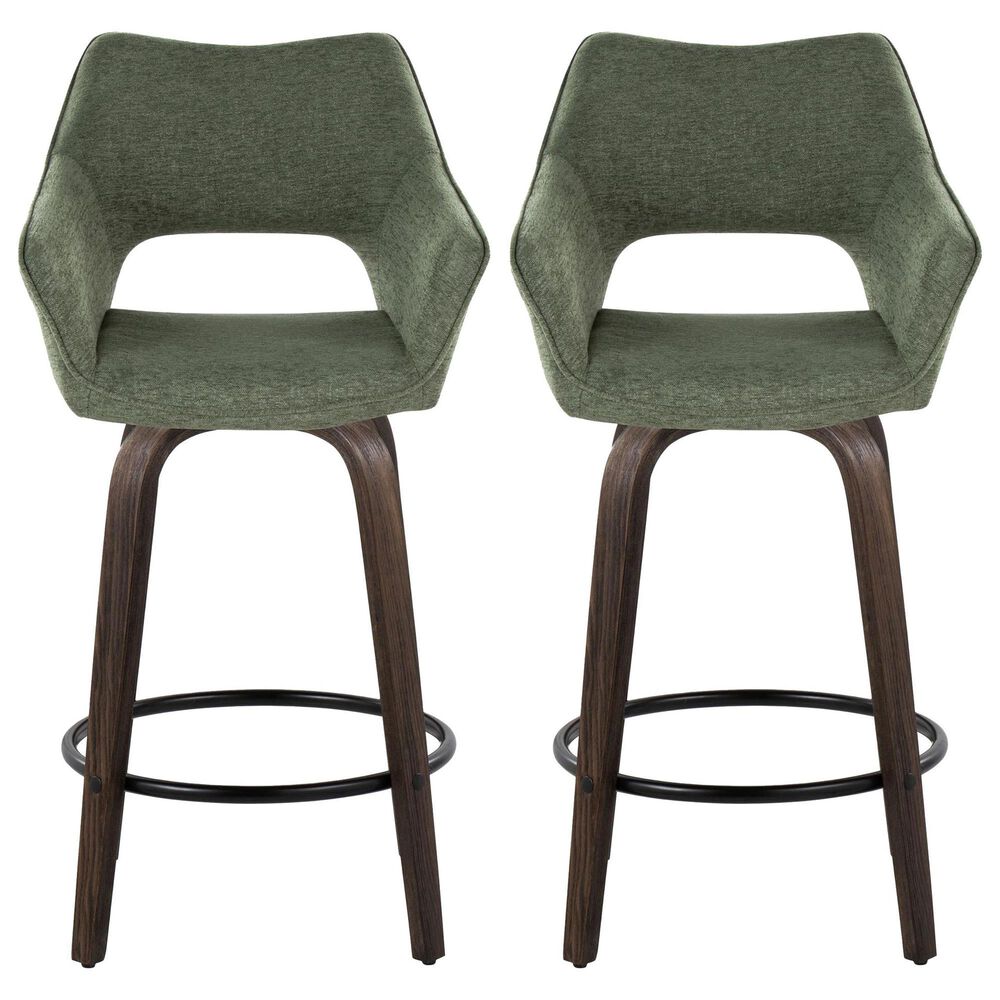 LumiSource Mustang 26" Swivel Counter Stool with Green Fabric Upholstery in Glazed Walnut and Black (Set of 2), , large