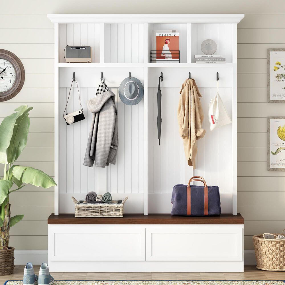 HOMLUX 6-Hook Hall Tree with Wood Grain Bench in White, , large