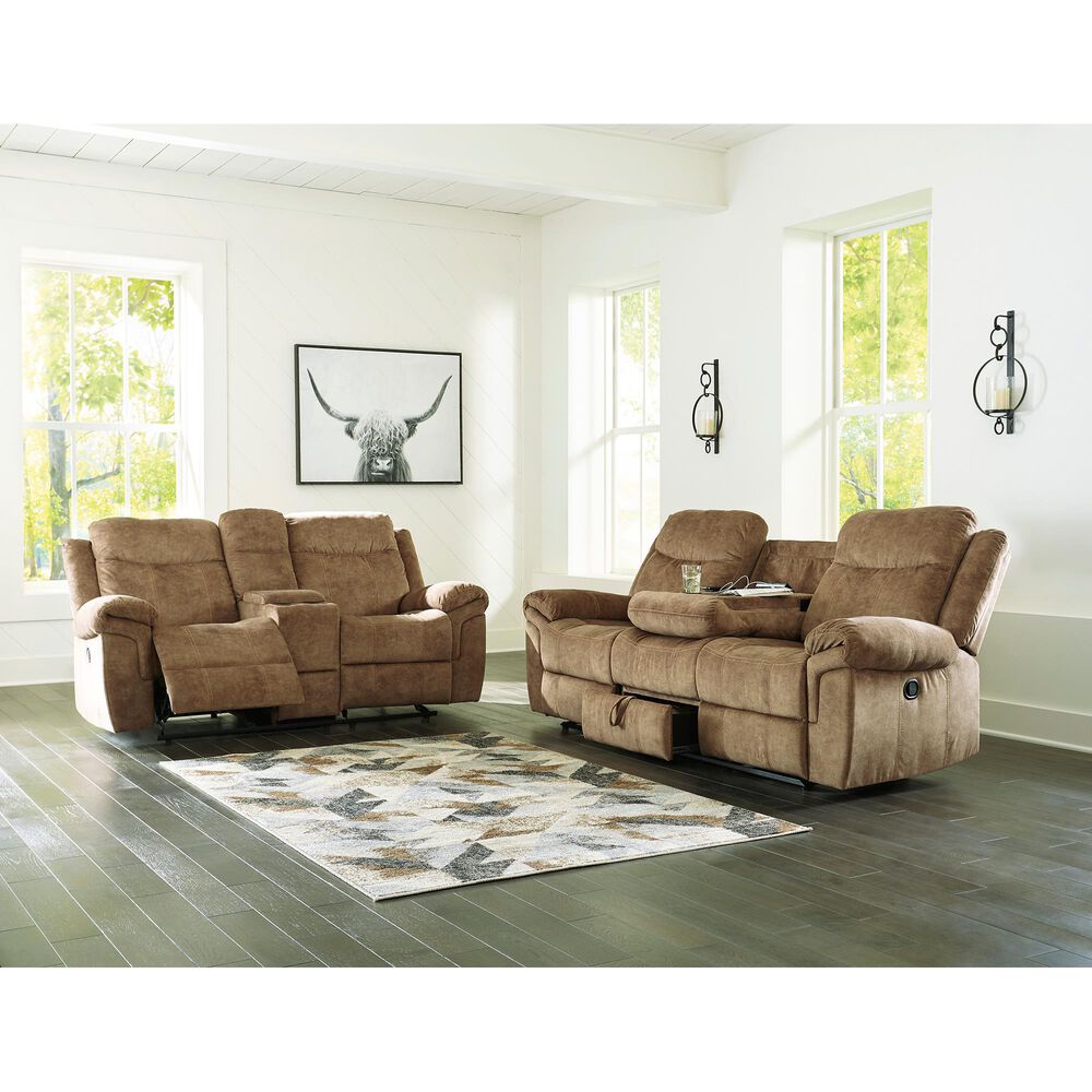Signature Design by Ashley Huddle Double Reclining Loveseat with Console in Nutmeg, , large