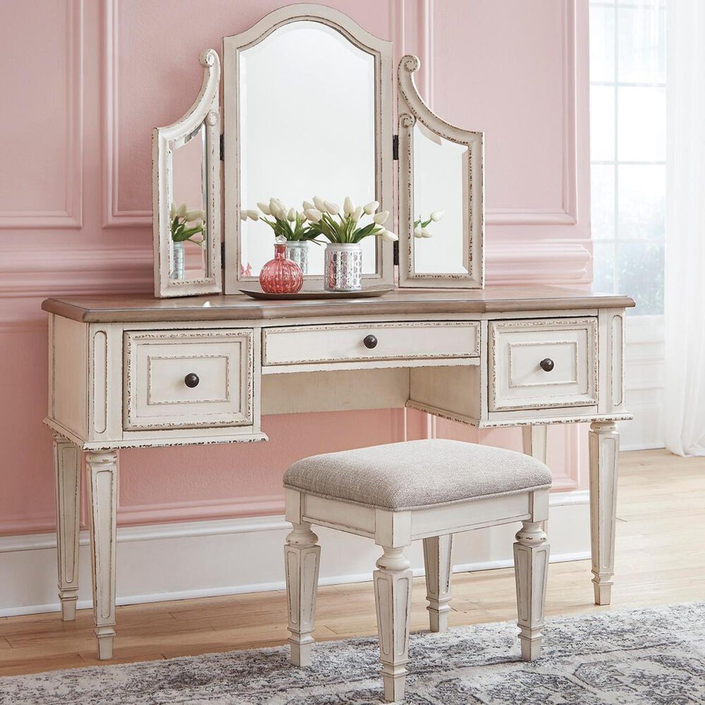 Ashley Realyn Vanity with Mirror and Stool in Chipped White and Brown, , large