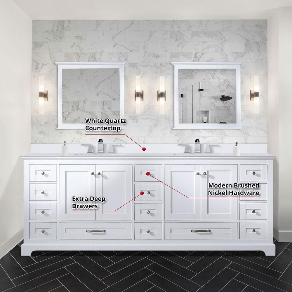 Lexora Home Dukes 84&quot; Double Bathroom Vanity in White with 2 cm White Quartz Top and Rectangular Sinks, , large