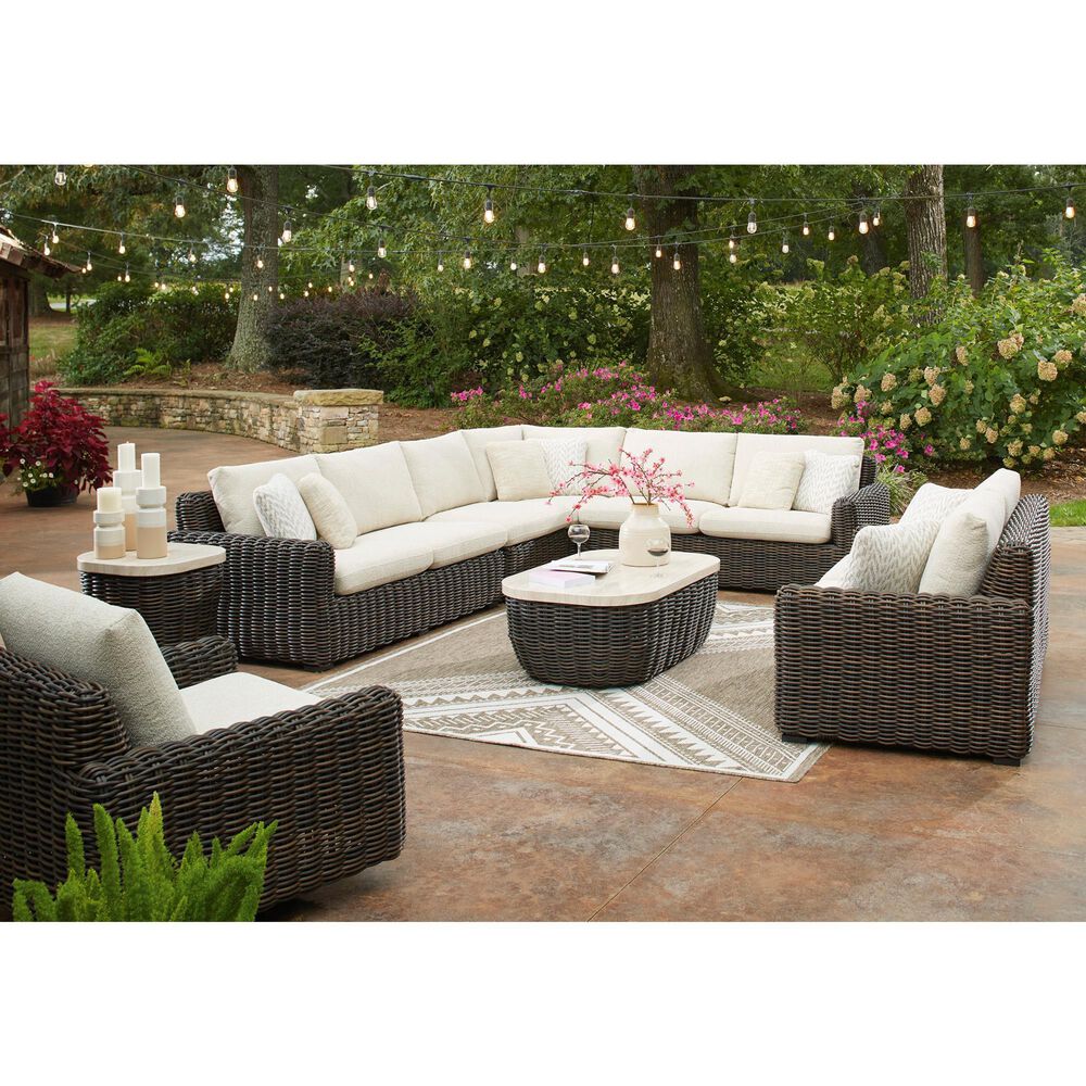 Ashley Kimora Patio Cocktail Table in Beige and Dark Brown, , large