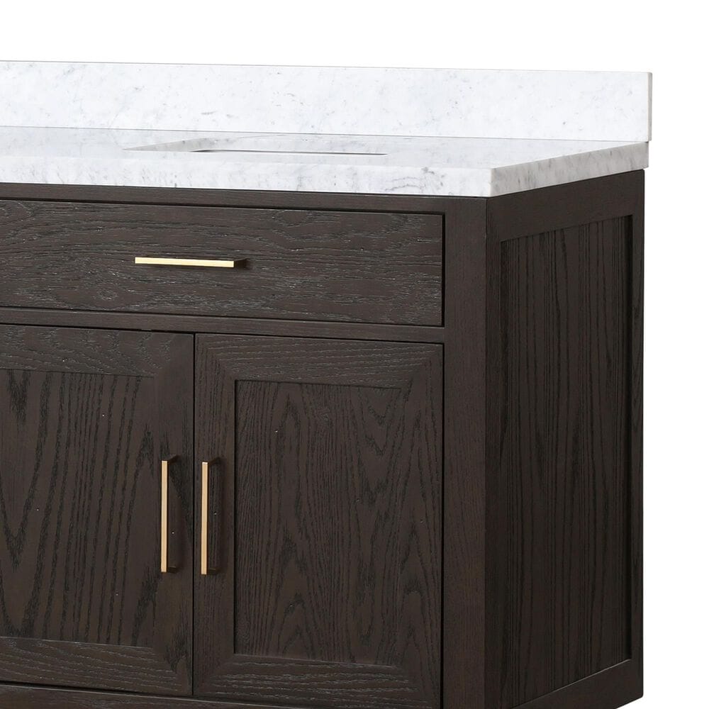 Lexora Home Abbey 84&quot; Double Bathroom Vanity in Brown Oak with 2 cm White Carrara Marble Top and Rectangular Sinks, , large