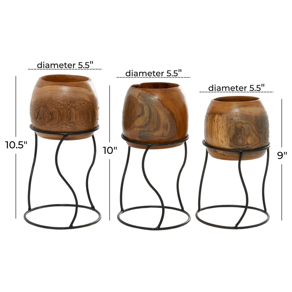 Maple and Jade Rustic Wood Vase with Iron Stand in Brown and Black &#40;Set of 3&#41;, , large