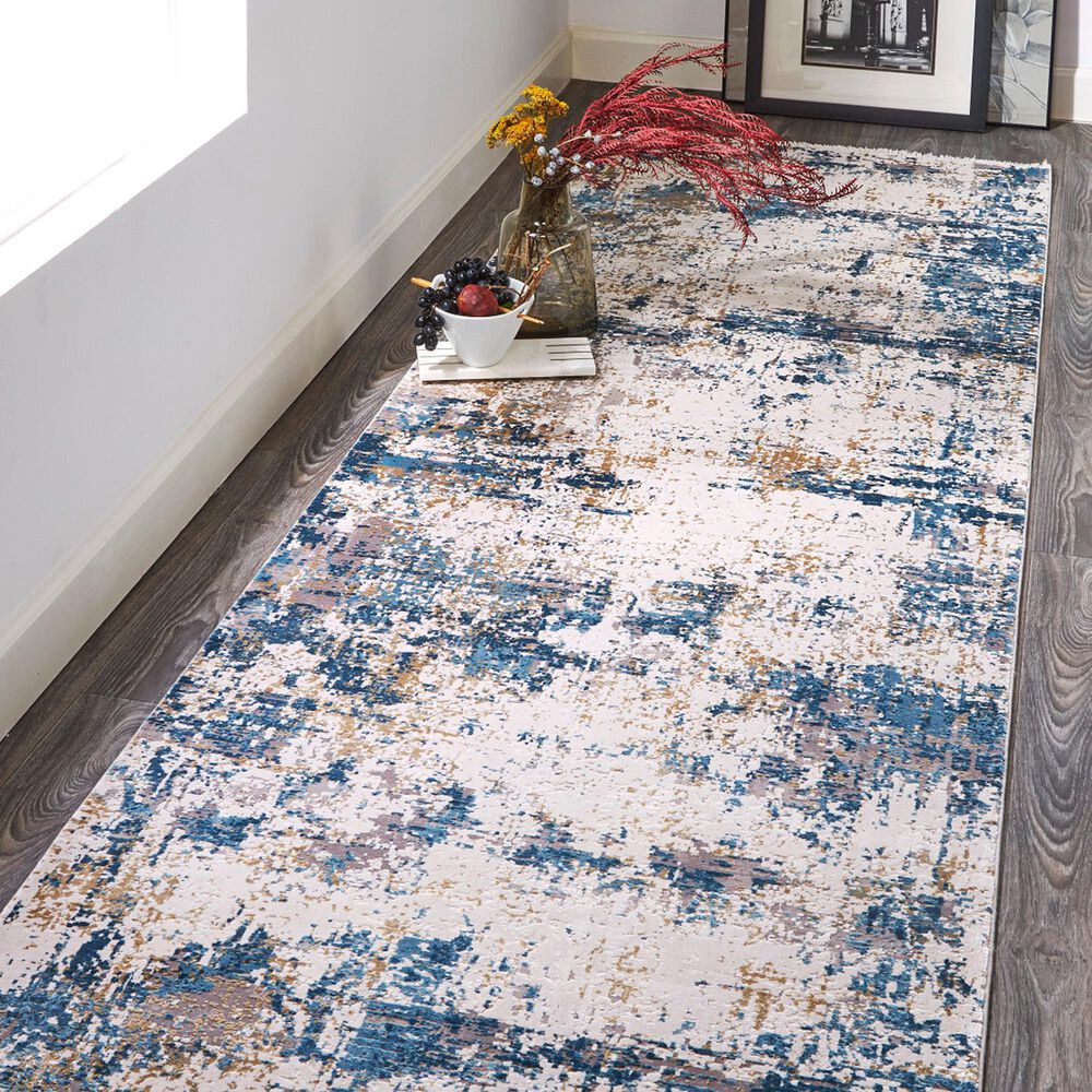 Feizy Cadiz Blue and Ivory 3&#39;1&quot; x 10&#39; Runner, , large