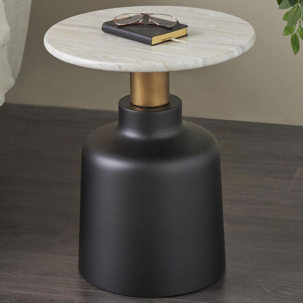 Maple and Jade Pedestal End Table with Faux Marble Top in Matte Black, White and Gold, , large