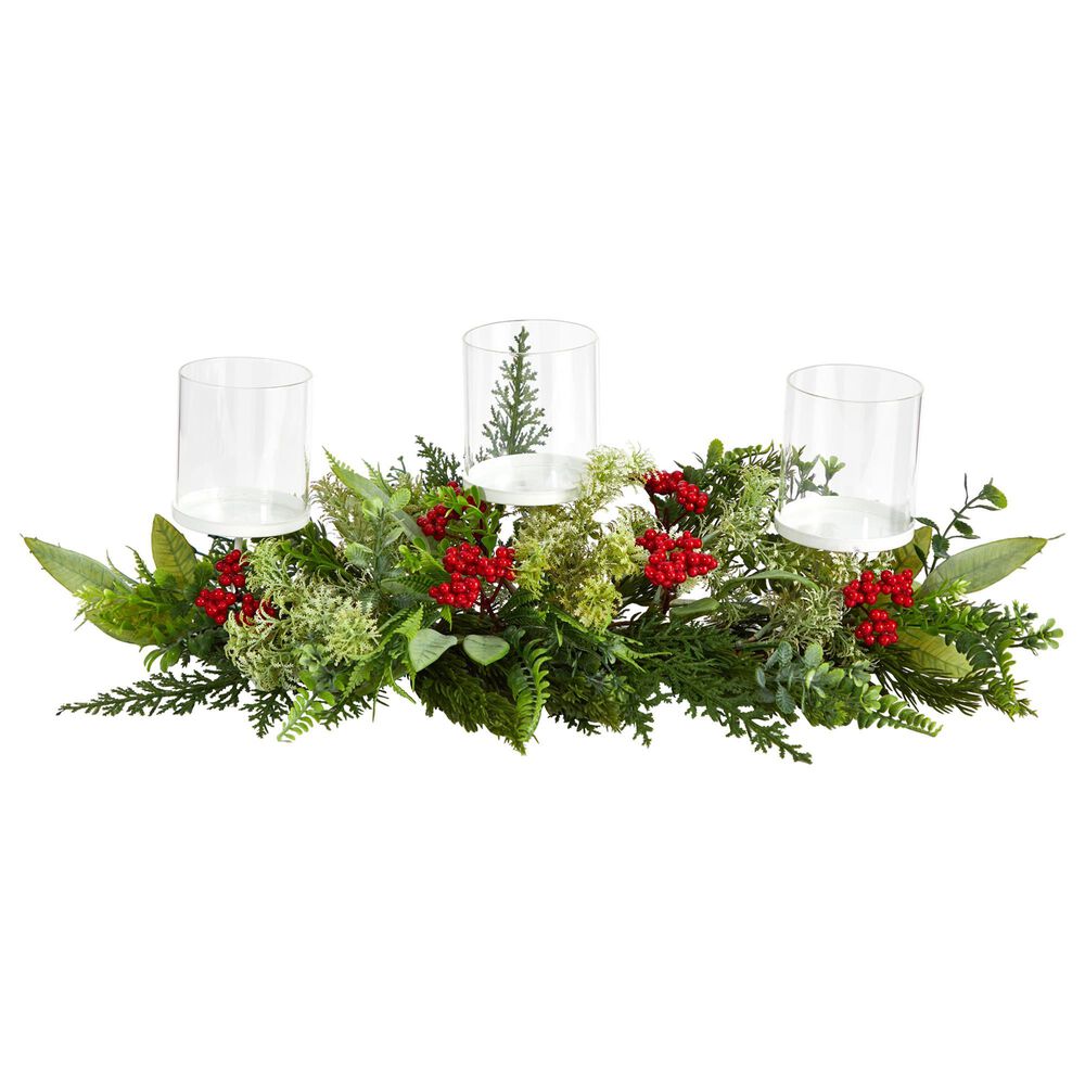 Nearly Natural Inc 20in. Holiday Winter Greenery and Berries Triple Candle Holder Artificial Christmas Table Arrangement, , large