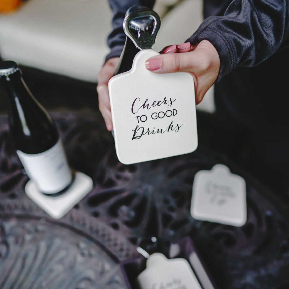 Pavilion Cheers 6&quot; x 4.25&quot; Bottle Opener Coaster Set in Cream and Silver &#40;Set of 4&#41;, , large