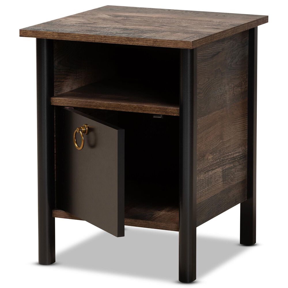 Baxton Studio Vaughan 1-Door Nightstand in Dark Brown, Rustic Brown and Black, , large