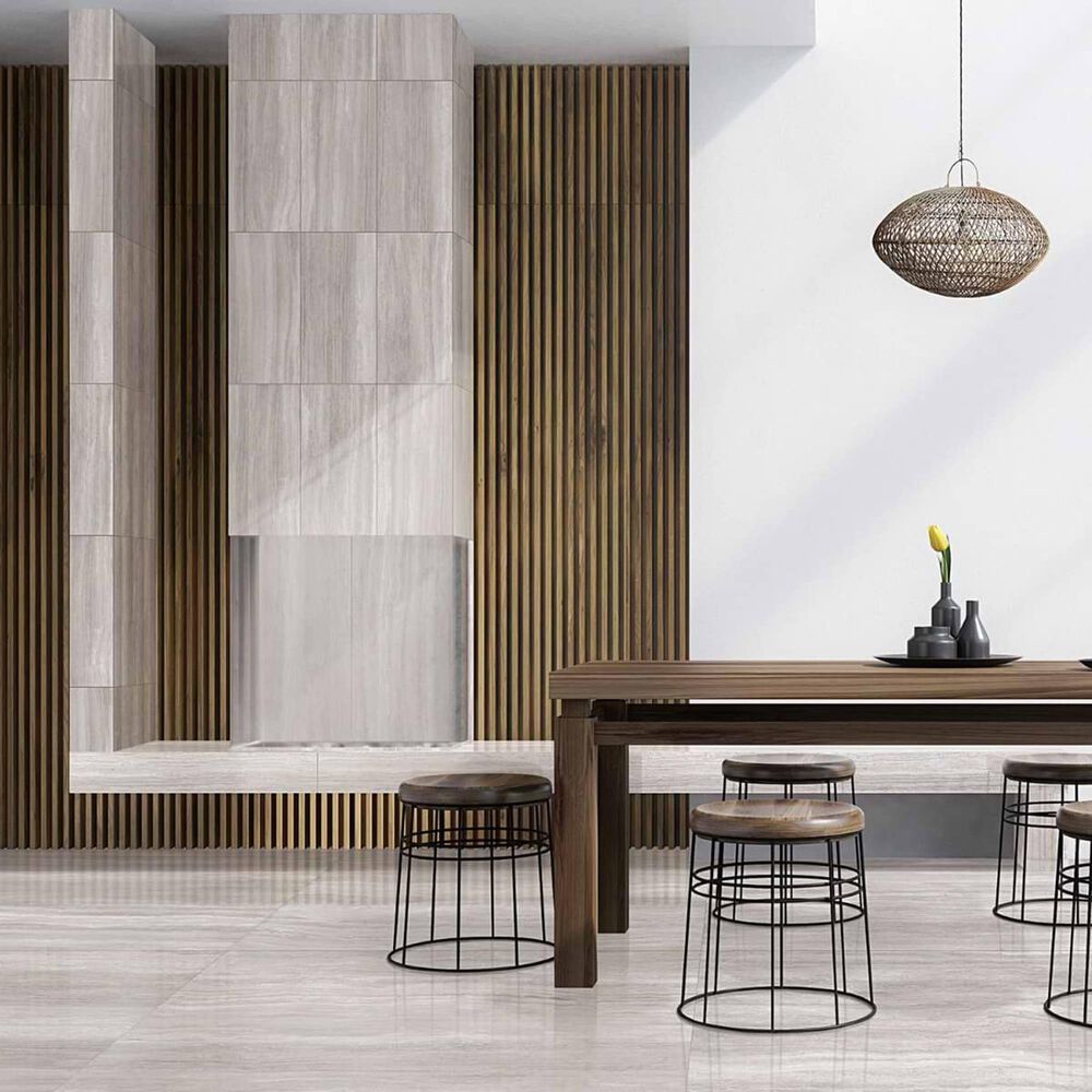 Soho Studio Zenit Grigio Chiaro Gray 12" x 24" Travertine Look Polished Porcelain Tile, , large