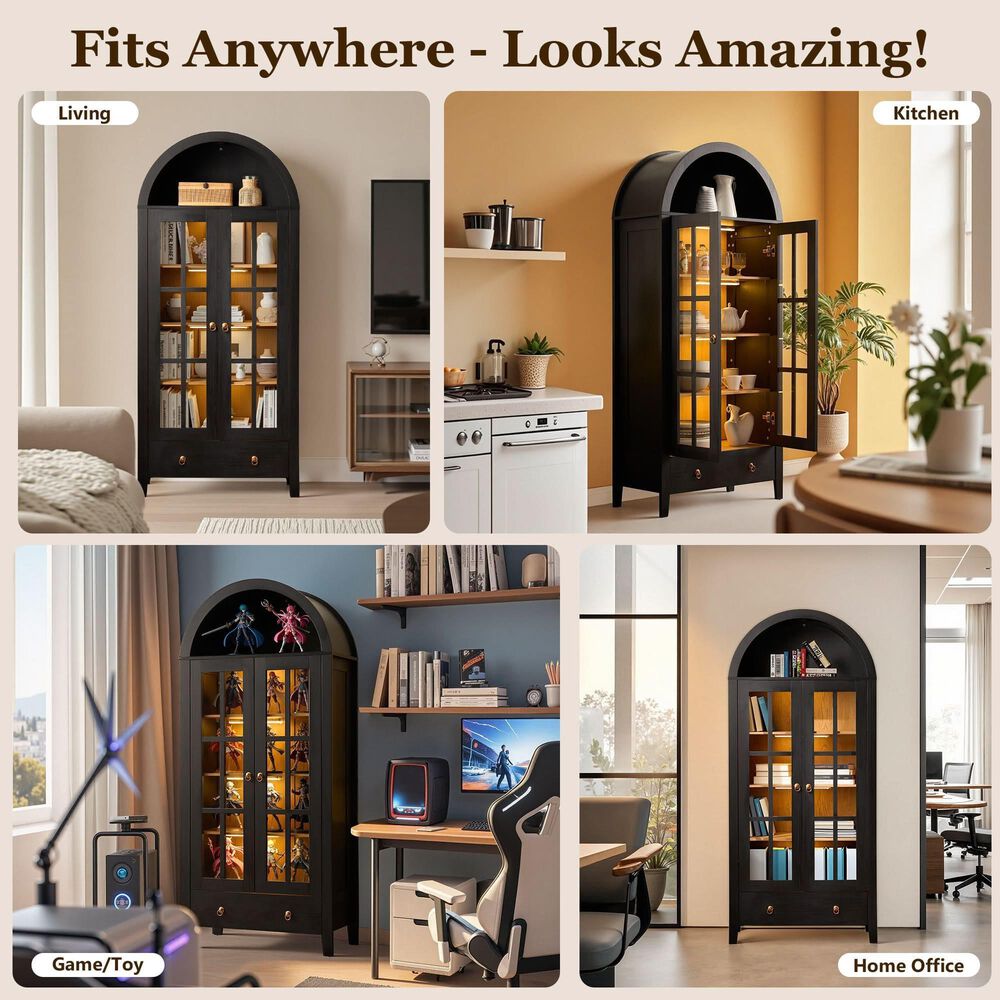 HOMLUX Arched Storage Cabinet with LED Induction Lights in Black, , large
