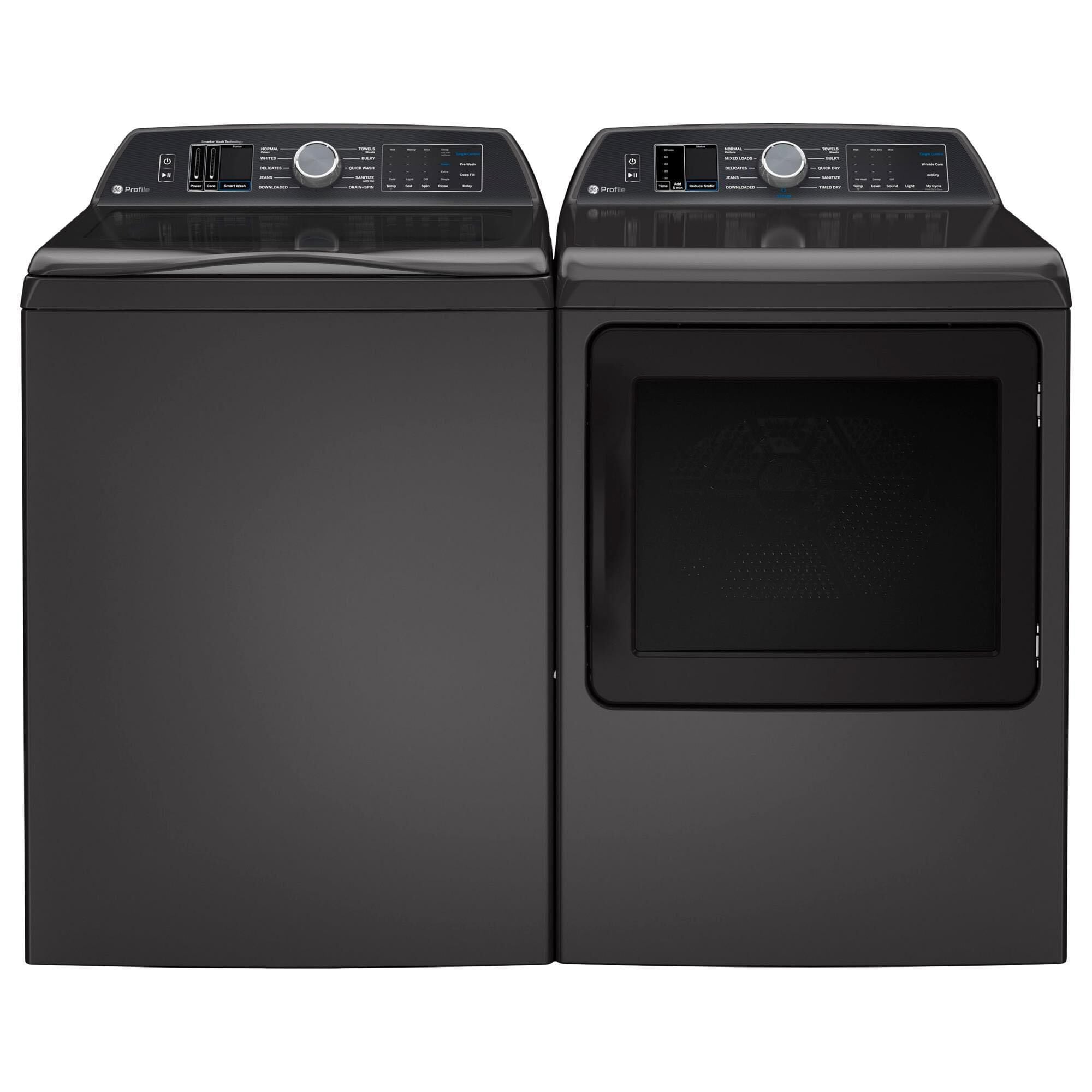 GE Profile 5.3 Cu. Ft. Top Load Washer with Agitator and 7.4 Cu. Ft. Smart Gas Dryer in Diamond Gray NFM