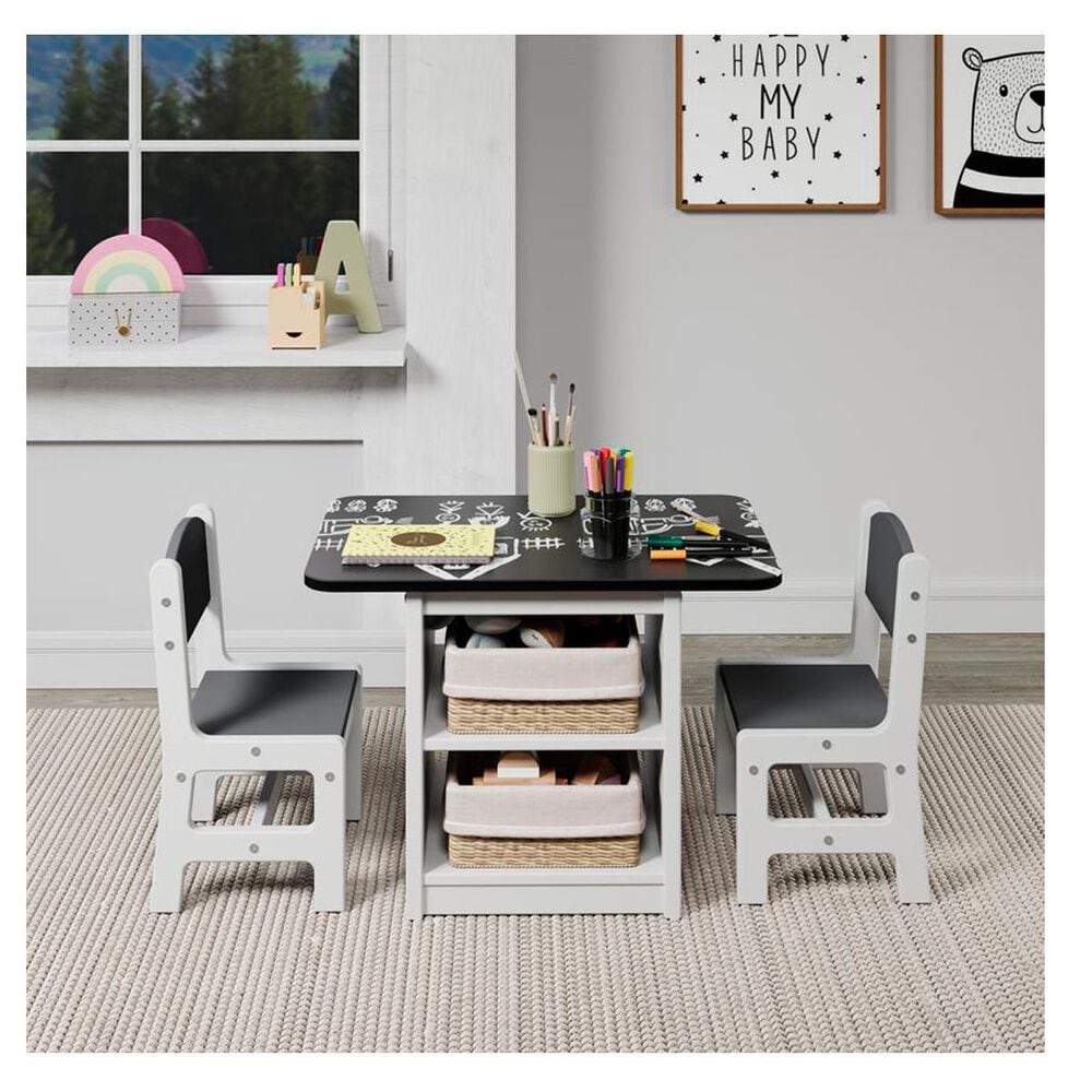 Forest Grove Kid's Chalkboard Table Set with Two Chairs in White and Grey, , large
