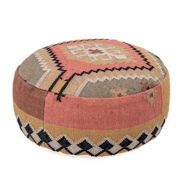 Teak Interiors 26" Round Kilim Pouf in Multicolor, , large